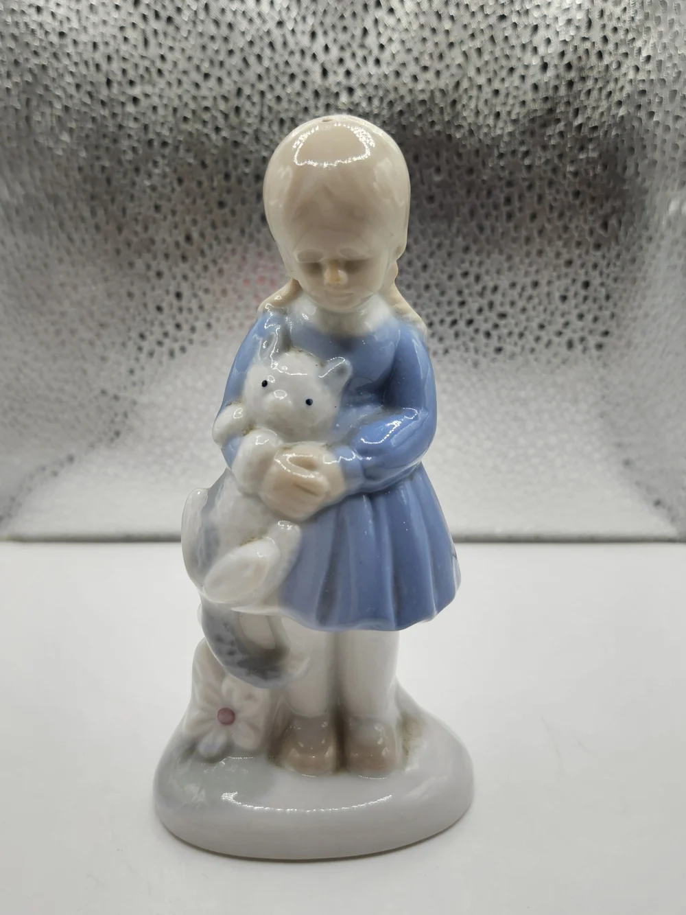 Porcelain Girl Figurine Holding Kitten Cat - Blue Dress